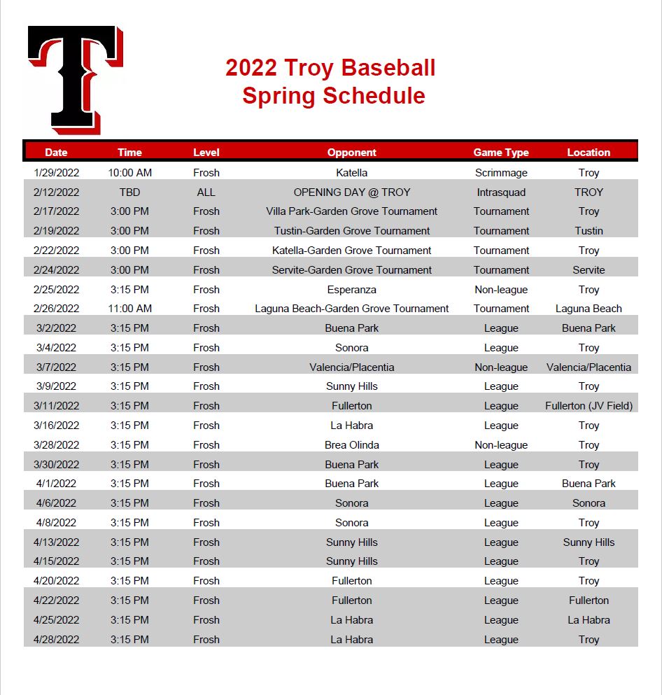 Frosh Schedule – Troy Warriors Baseball
