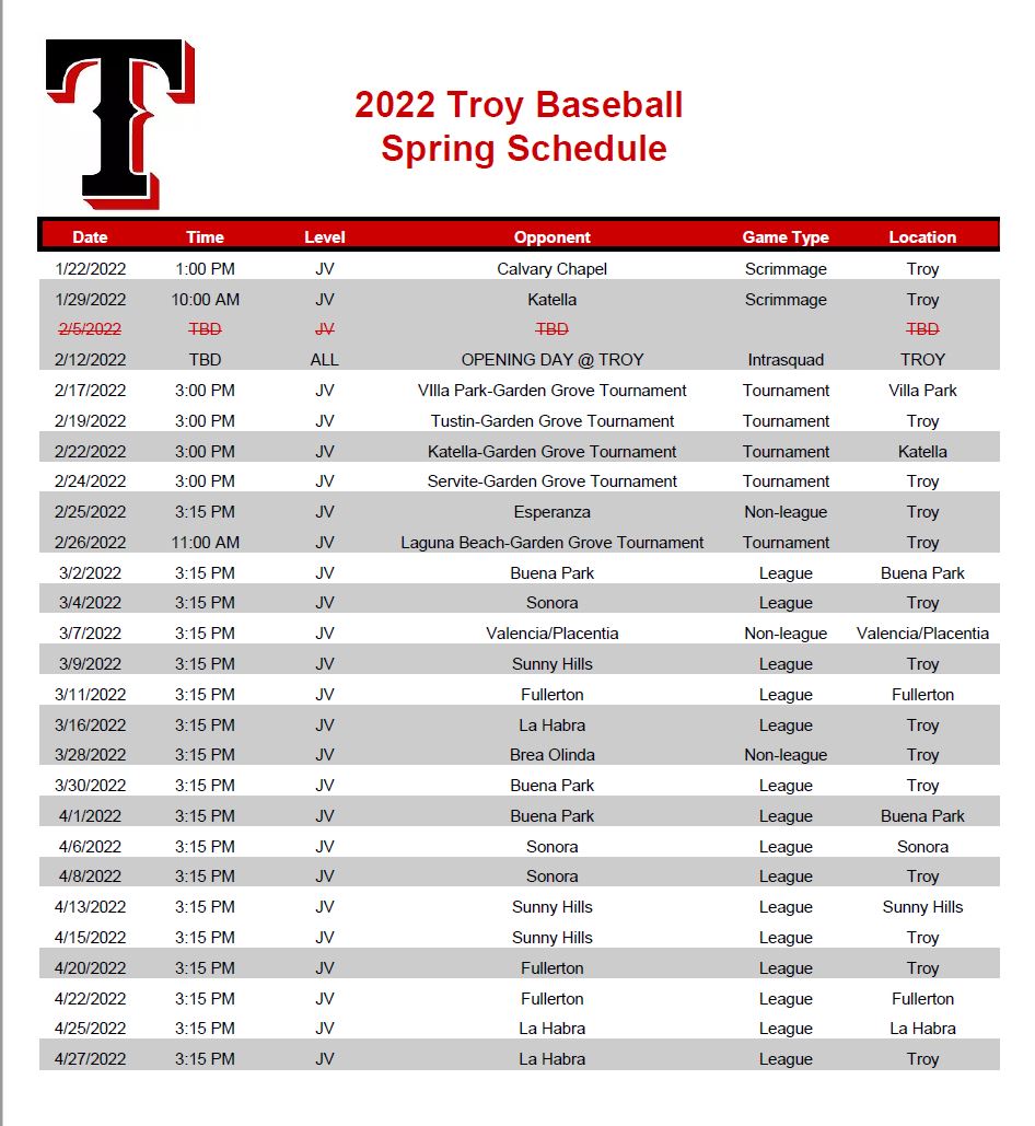 JV Schedule – Troy Warriors Baseball