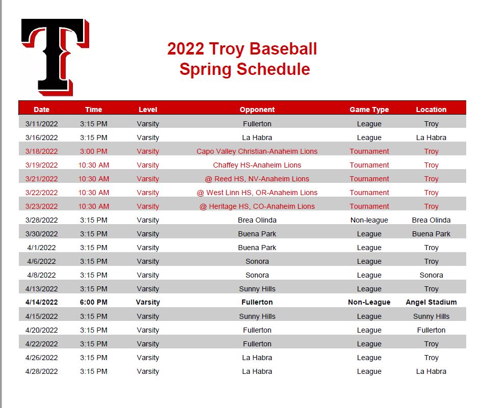 Varsity Schedule Troy Warriors Baseball